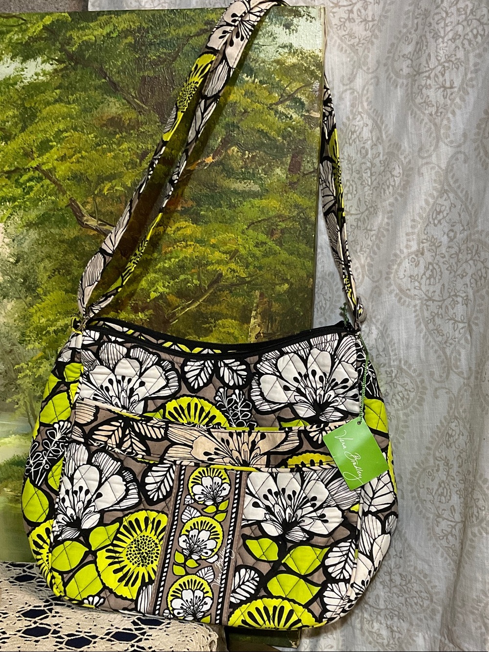 Vera Bradley Quilted Shoulder Bag in Lime Green, Black & White Floral